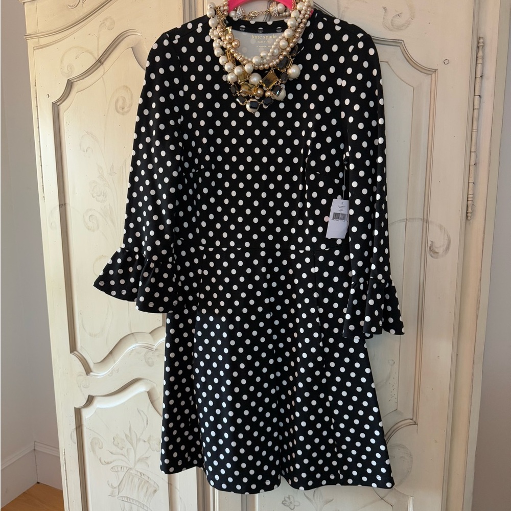 Black and White A-Line Mini Dress with 3/4 Bell Sleeves and Peter Pan Collar